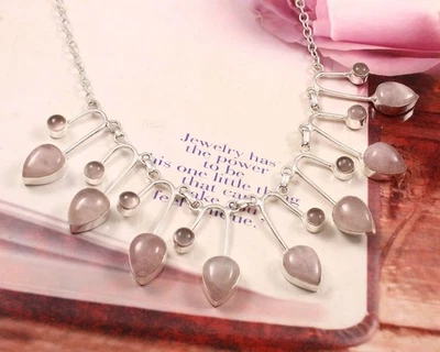 Collar hecho a mano de plata de ley 925 con piedras preciosas de cuarzo rosa natural Foto 1 de 3