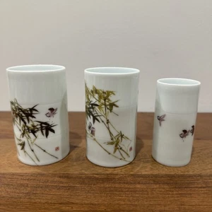 Jie Yi Tang Chinese Tea Cups Porcelain Printed Birds Bamboo Art Decors Set Of 2 - Picture 1 of 24