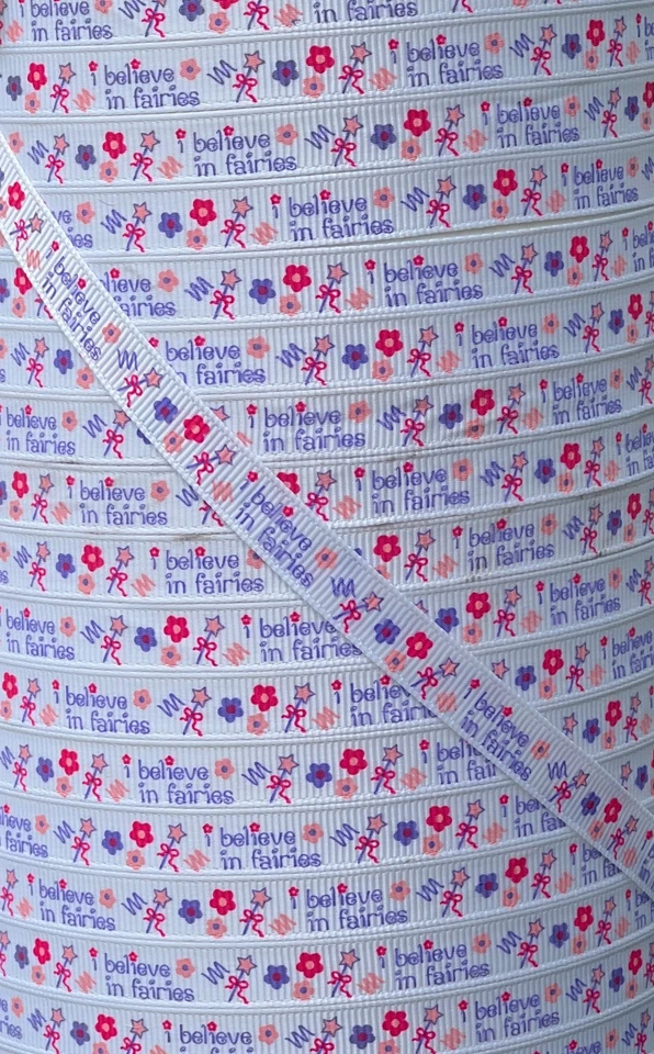 I Believe in Fairies Grosgrain Ribbon – 3/8" Width – Fairy Wand & Flower Print - Image 1 of 1