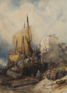 E. HILDEBRANDT (*1817), Arbeiter beim Löschen der Fracht, Aquarell Romantik - Picture 1 of 5