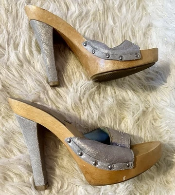 Vintage Bebe Silver Studded Wooden Platform Heels Size 8.5 – Glam High Heel - image 1 of 4