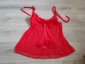 Vintage Ann Summers Sex Kitten Red Marabou Trim Babydoll Top Size Large - Picture 1 of 21