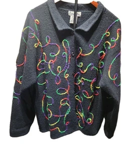Cardigan maglione lana nero Timberlea vintage anni 90 ricamo arcobaleno squiggle 2X - Foto 1 di 9