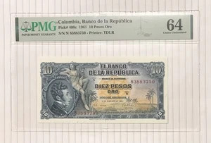 Kolumbien 10 Pesos 1961 P-400c UNC PMG 64 - Bild 1 von 2