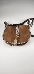 Michael Kors Jamie Large Saddle Bag Carmel Suede & Snake Leather Crossbody - Picture 1 of 20