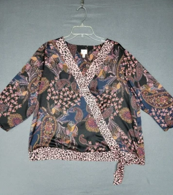 DRESSBARN Mujer Talla 2X Imitación Envoltura Estilo Manga 3/4 Azul Marino Rosa Paisley Leopardo Foto 1 de 4