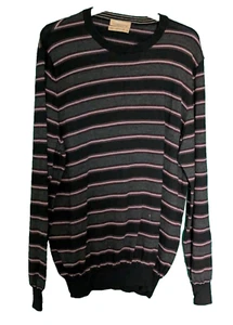 Mens Merino Wool Silk Blend Jumper M&S Black Striped Sweater Gents Size L 'F44 - Picture 1 of 2