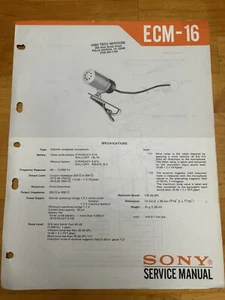 Micrófono condensador Sony ECM-16 Electret manual de servicio original OEM - Imagen 1 de 3