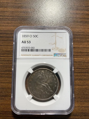 1859-O Seated Liberty Silver Half Dollar 50C NGC AU 53 Type 2, No Motto RARE Cover