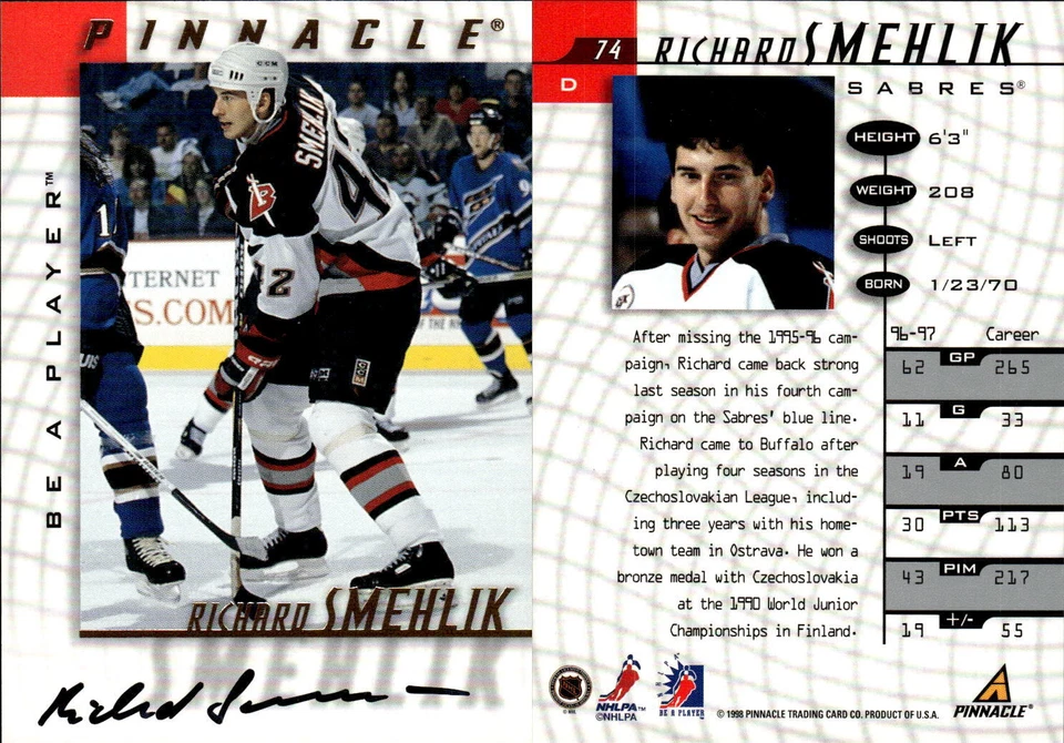1997-98 Be A Player Autographs #74 Richard Smehlik - NM-MT - Image 1 of 1
