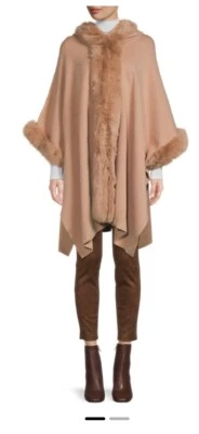 Belle Fare By Ming Yang Faux Fur Trim Wool Blend Cape Size Uni Beige - Image 1 of 3
