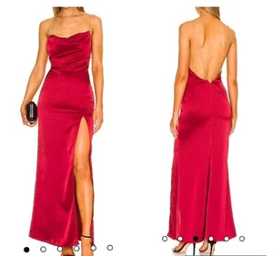 NBD Alessi Kleid Dress Seidensatin Ärmellos Offener Rücken Burgunder Hoher Schlitz Small - Bild 1 von 6