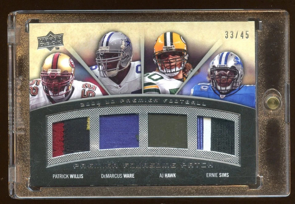 2008 UD QUAD PATCH LOGO #D 33/45 PATRICK WILLIS-DeMARCUS WARE-AJ HAWK-ERNIE SIMS - Image 1 of 1