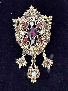 *RARE* VINTAGE ESTATE SIGNED FLORENZA 3" BROOCH Opals and Garnets - Picture 1 of 10