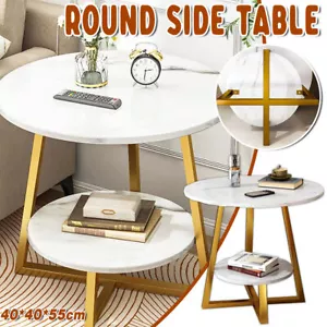 Round Side Table 2 Tier White Nightstand Coffee Sofa End Table Marble Design - Picture 1 of 12