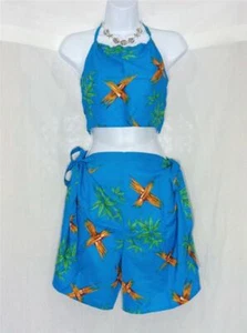 BEACH FASHIONS ISLAND SARONG & CROP TOP 2 PEZZI COPRICOSTUME DA SPIAGGIA STAMPA BAMBÙ BLU - Foto 1 di 3