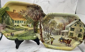 2 Metallschalen Currier & Ives Drucke Szenen kleine Portion 7,5" L x 6,25" B Vintage - Bild 1 von 6