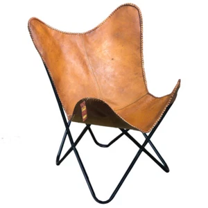 60HS Genuine Leather Butterfly Chair Folding Lounge Modern Sling Accent Seat - Picture 1 of 5