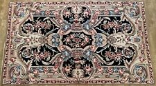 58 x 35" Needlepoint handmade rug Vintage Aubusson black gold floral Ada West