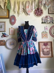 80's vintage Call it Fancy floral puff sleeve bow accent square dancing dress - Picture 1 of 11