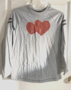 Girl's ls baseball tee, Old Navy, size 14/16, gray, added sparkly red hearts - Picture 1 of 2