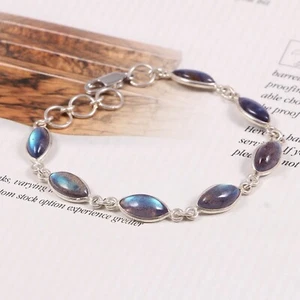 Pulsera Labradorite Marquise 6 X 12 MM Curación de la Ansiedad Delgada Plata Esterlina 925 - Imagen 1 de 3