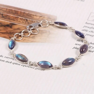 Labradorite Marquise 6 X 12 MM Bracelet Anxiety Healing Thin 925 Sterling Silver - Image 1 of 3