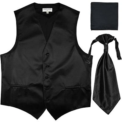 New Men's Horizontal Stripes Tuxedo Vest Waistcoat & Ascot & Hankie Set Black - Image 1 of 3