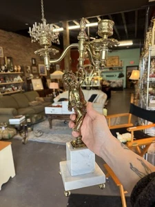 Early 20th Century Brass Angel Cherub 3 Arm Candelabra On Fine Marble Base Italy - Picture 1 of 15