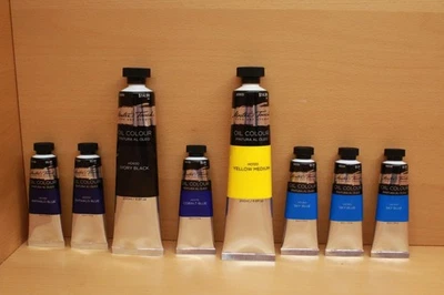 Lote de 8 pinturas al óleo nuevas Master's Touch (2) 6,8 oz negras y amarillas (6) 1,7 oz azules Foto 1 de 4