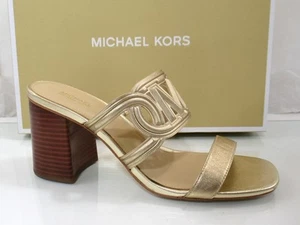 Michael Kors Alma Mid Block Heel Slide Sandal Metallic Leather Gold Size 7.5 - Picture 1 of 6
