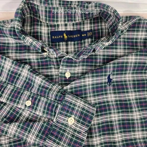 Ralph Lauren Shirt Mens Med Green Blue Plaid Classic Fit Button Down Pony Logo - Picture 1 of 9