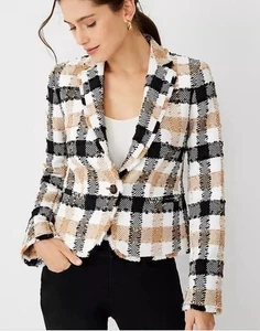 Ann Taylor Newbury karierter Blazer Karo ein Knopf Fransen Gr. 12 Karriere adrett - Bild 1 von 12