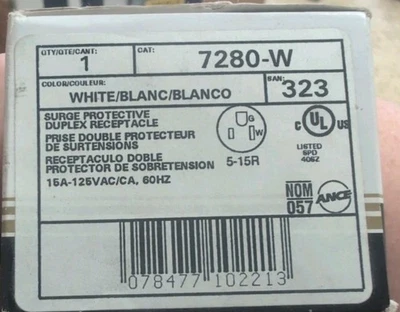 Leviton 7280-W Surge Protective Duplex Receptacle, 15A, 125VAC, 60Hz - Image 1 of 2
