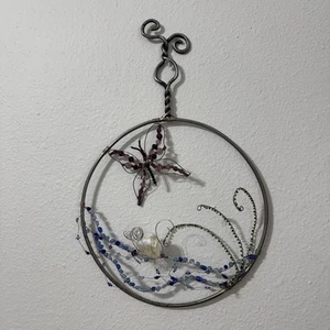 Beaded Purple Butterfly Wire Wall Art Decor Sun Catcher Handmade Window Outdoor - Picture 1 of 9