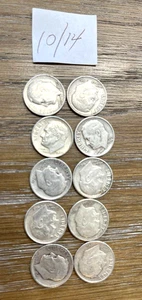 Lote de 10 monedas de diez centavos Roosevelt 90 % de plata entre 1946-1964 fechas mixtas circuladas - Imagen 1 de 2