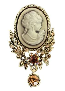 Vintage Inspired Crystal Rhinestone Victorian Lady Cameo Brooch Pin - Picture 1 of 29