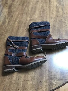 schuler and sons 6B Women’s Boots Brown Leather & Blue Fabric InSide Zip * See - Picture 1 of 16