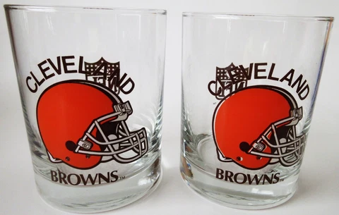 Vintage Set of Two Cleveland Browns Helmet Logo Tumbler Drink Glasses Dawg Pound Cover