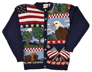 Vintage Cabela’s Hand Knit Chunky Cardigan Sweater Size M Patriotic Theme - Picture 1 of 18