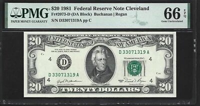 US 20 Dollars 1981 PMG 66 EPQ UNC Fr #2073-D FRN Cleveland Buchanan/Regan - Image 1 of 4