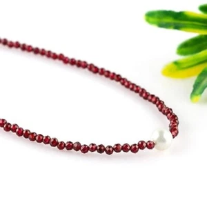 2-3MM Pearl & Red Garnet 2 Multi Faceted Round Gemstone Beaded Women Necklace - Picture 1 of 10