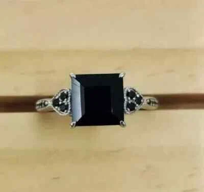 2 Ct Princess Cut Lab Created Black Spinel Engagement Ring 14K White Gold Plated - Image 1 of 4