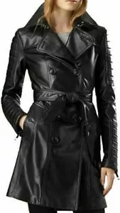 Womens Pure Black Leather Coat Double Breasted Coat Steampunk Gothic Trench Coat - Picture 1 of 3