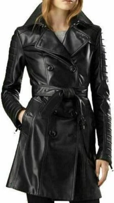 Womens Pure Black Leather Coat Double Breasted Coat Steampunk Gothic Trench Coat - Image 1 of 3