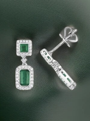 Pendientes DIAMANTE ESMERALDA en ORO BLANCO DE 9 CT con racimo cuadrado y octágono Foto 1 de 4