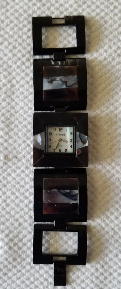 Reloj pulsera Chico's negro con inserciones de abulón esfera mop tamaño 6,25" batería nueva Foto 1 de 4