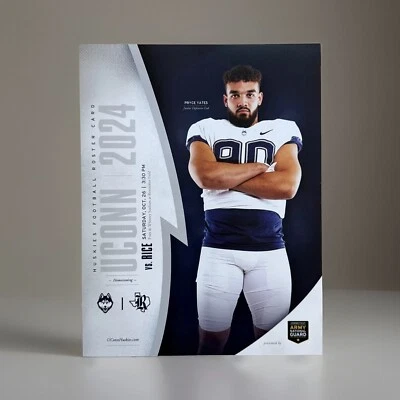 Tarjeta de lista de fútbol americano de UCONN 2024 Connecticut Huskies vs Rice Pryce Yates 26/10/24 Foto 1 de 4