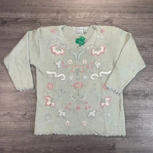 DEADSTOCK VTG 90s Shenanigans Lt Green w/ Pink White Floral V-Neck Sweater Sz Md - Picture 1 of 4