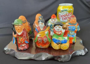 Vintage KUTANI Satsuma Art Moriage Set of Seven 7 Lucky Immortals Gods Wood Base - Picture 1 of 8